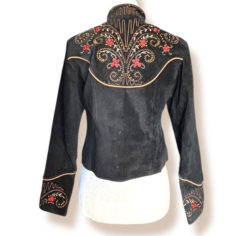 Vintage Scully Black Suede Leather Embroidered Red Floral Western Jacket 6 Boho